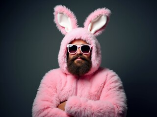 Playful bunny costume, pink fluffy attire, sunglasses, mustached bearded man poses confidently against dark background