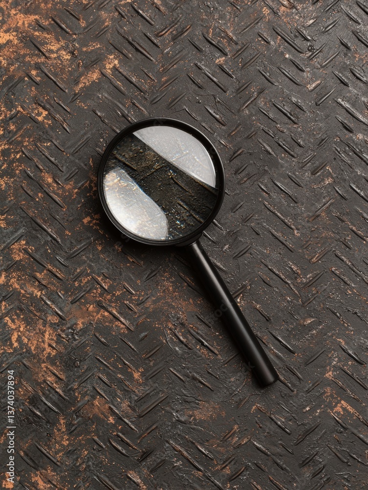 Poster close-up of a magnifying glass resting on a textured surface. the surface appears to be made up of a