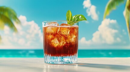 Refreshing cocktail on a sunny beach with ocean view.