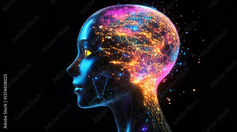 Poster a glowing ai digital brain rendered in vivid colors represents artificial intelligence in a futurist