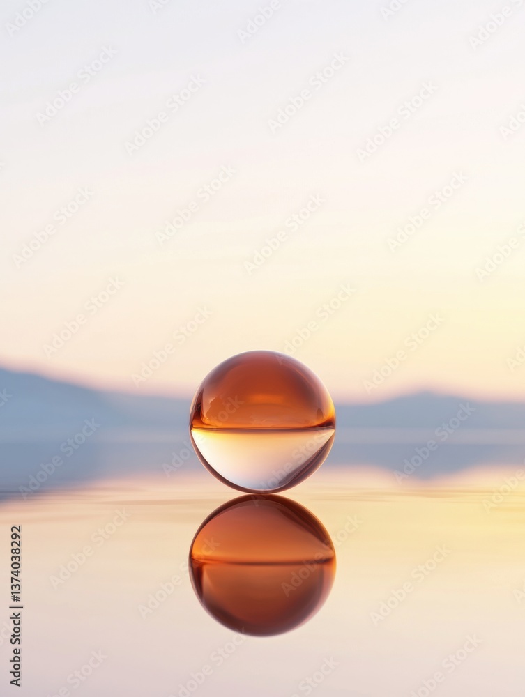 Poster photograph of a single sphere floating on a calm surface. the sphere is spherical in shape and appea