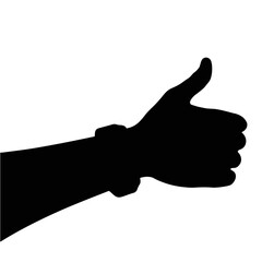 Silhouette of a hand giving a thumbs up with a fitness tracker, positivity