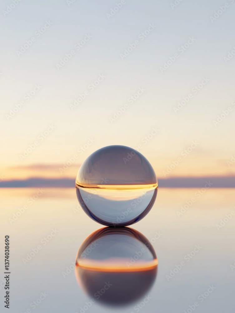 Fototapete photograph of a spherical object, which appears to be a sphere, reflected on a calm surface. the sph