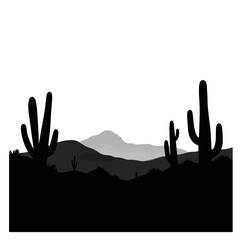 Desert silhouette with cacti against white background, travel inspiration
