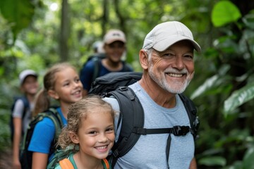 Fototapeta premium A happy grandfather leads his grandchildren on a lush jungle hike, embodying exploration, adventure, and the joy of outdoor experiences shared with loved ones.