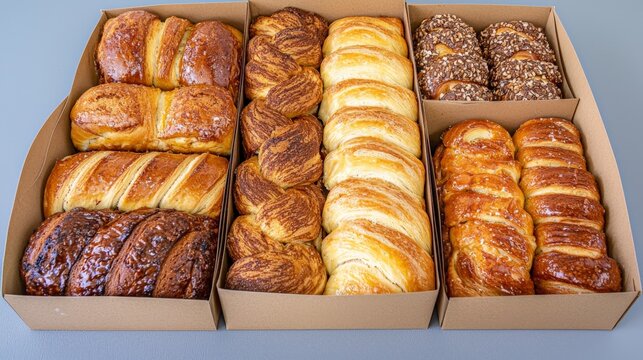 Sweet pastry assortment with symmetrical arrangement on baking tray showcasing laminated dough variety with glossy surface gourmet texture and bakery shelf readiness
