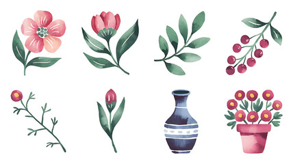 Watercolor floral elements vase and potted plants Cute vintage-inspired botanical design