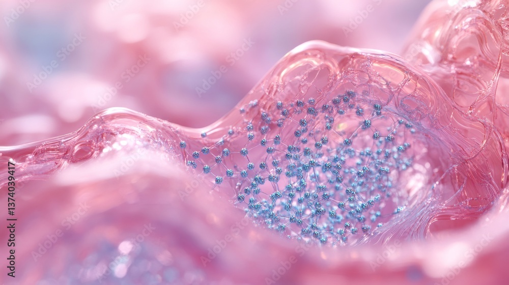 Poster a soft pink abstract texture showcasing intricate digital patterns and tiny glowing particles. suita
