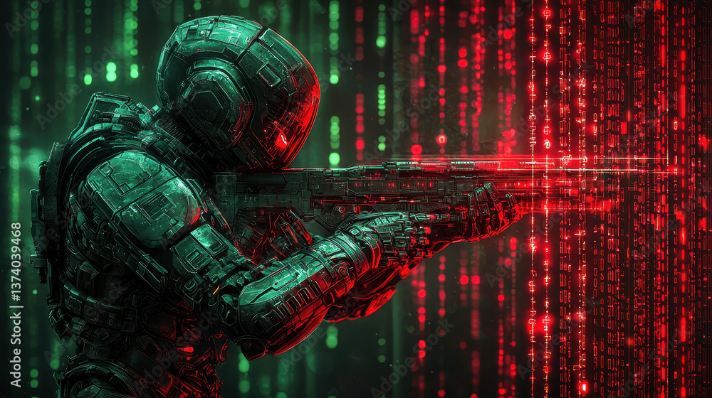 Poster surreal battlefield with armored ai warriors combating invisible cyber threats through morphing weap