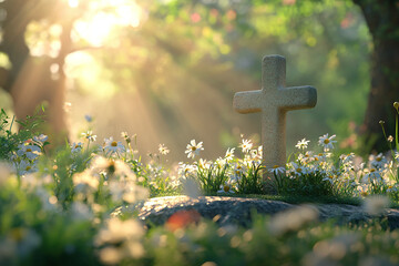Spring flowers around small cross, lilies and daisies with filtered light create serene Easter celebration close-up