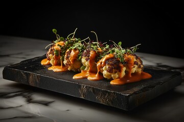Roasted cauliflower bites with hot sauce and microgreens on a black slate board