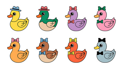 Cute cartoon ducklings with hats and bows Colorful rubber duck designs