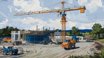 Construction site with crane and heavy machinery digital painting style