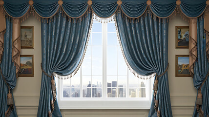 Luxury teal window drapes with gold accents city view