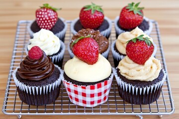 Chocolate cupcakes with whipped cream and raspberry topping arranged in striped paper cups on wooden table showcasing dessert precision gourmet pastry and festive sweetness