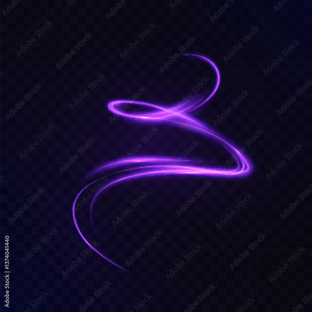 Poster a mystical purple light trail swirling through the darkness with magical glow and soft movement. per