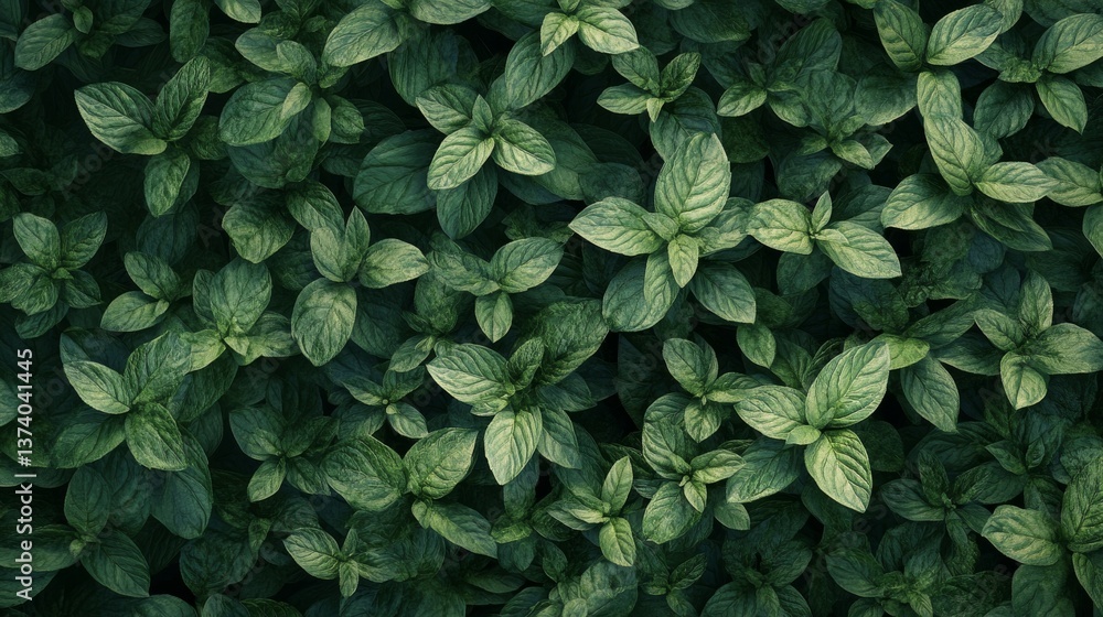 Poster a top view of fresh mint leaves spread in a lush green pattern. the vibrant colors and rich textures