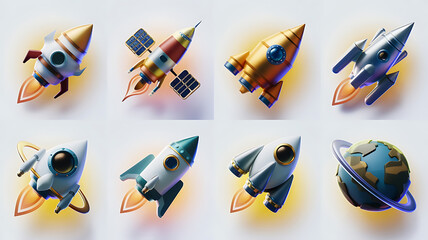 Cute cartoon rockets satellites and planets Space exploration icons Modern stylized design