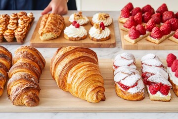 Selection of croissants and pain au chocolat in bakery setup arranged in clean rows under daylight capturing pastry precision and golden baked texture for food styling