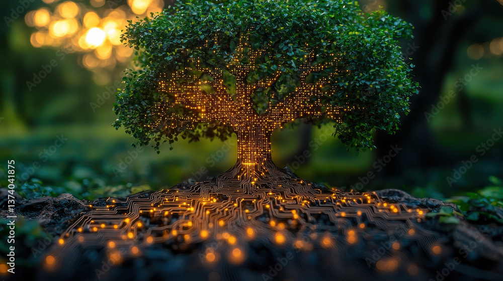 Poster tree grows from discarded tablet with circuit board bark and digital leaves in a lush environment