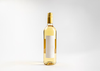 Mockup of transparent moscatel, or muscatel wine bottle, naturally sweet, on white background with copyspace, 750 ml, real photo