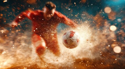 A soccer player kicks the ball with dynamism, creating a burst of energy and motion. The image is filled with a sense of action and power