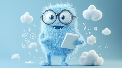 Adorable furry blue character wearing glasses, holding a book, surrounded by floating icons and fluffy clouds. The soft blue background and playful elements create a whimsical and imaginative