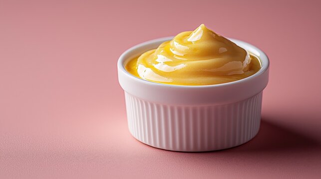 Golden hollandaise sauce in a ramekin against a muted rose background