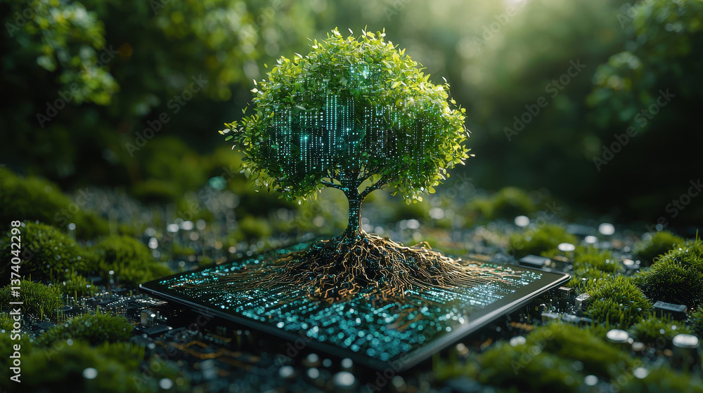 Poster tree grows from discarded tablet, showcasing bark resembling circuit board and leaves of dynamic scr