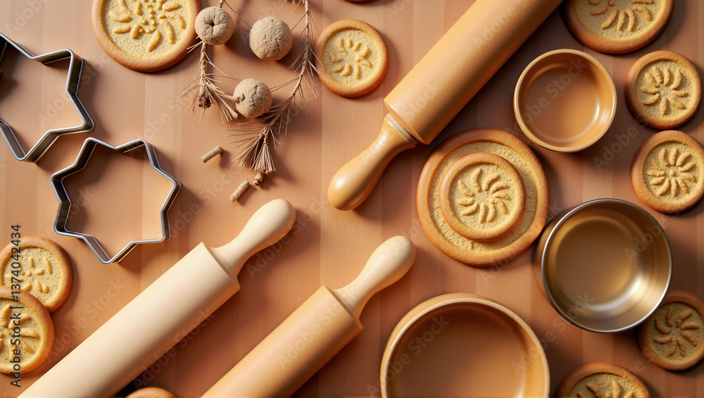 Poster a table with various baking tools and cookie dough. scene is warm and inviting, as it suggests a coz