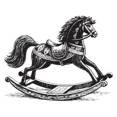 rocking wooden horse woodcut engraving vector illustration