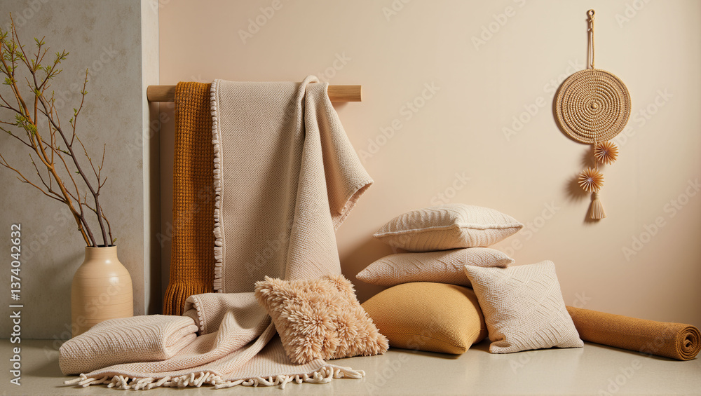 Poster A collection of pillows and blankets are displayed on a table. The pillows are arranged in various sizes and colors, creating a cozy and inviting atmosphere. The blankets are draped over the pillows