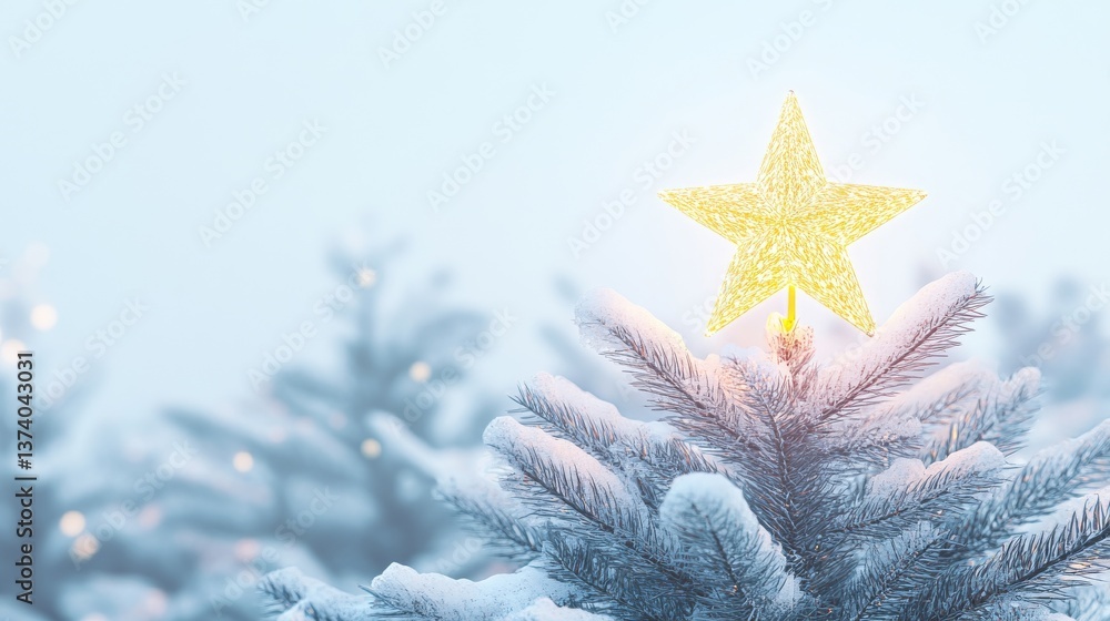 Poster a close-up of an illuminated golden star perched on the snow-draped branches of a christmas tree. th
