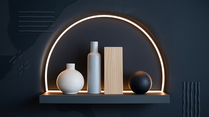 Modern minimalist shelf display with illuminated arch
