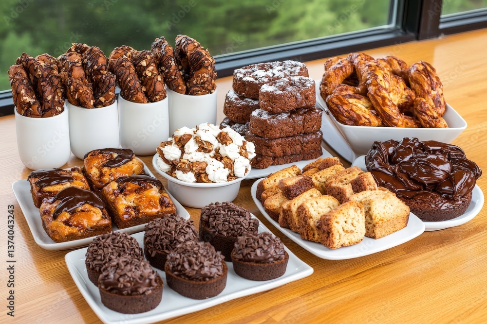 Poster Assorted chocolate squares and truffles placed on wooden serving board arranged in grid pattern reflecting artisan chocolate craftsmanship and dessert symmetry design