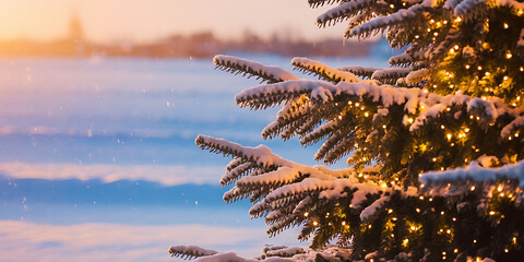 Snowy Christmas tree branches warm lights winter wonderland
