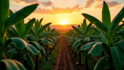 Naklejka premium Banana plantation at sunset with vibrant green leaves and orange sky glow.