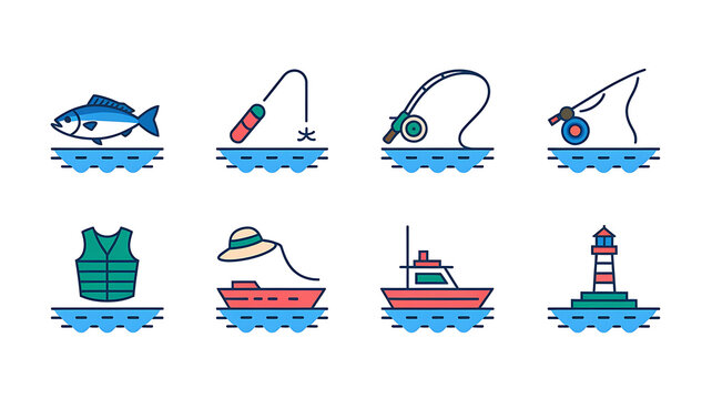 Fishing icons depict fish, hooks, boats, life vest, hat, and a coastal lighthouse.