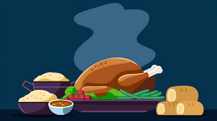 Thanksgiving dinner roasted turkey mashed potatoes gravy and bread