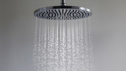 A showerhead spraying water onto a light gray wall