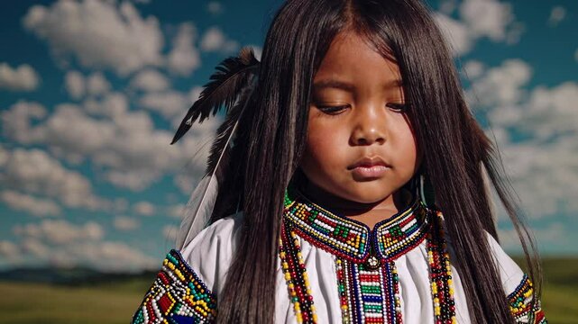 Indigenous girl with long black hair stands in a vibrant landscape, wearing traditional Cherokee attire adorned with colorful patterns. Native American heritage. Bright sky with fluffy clouds