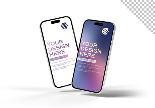 Two Floating Clay Mobile Phones On White Background Mockup