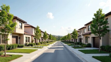 Suburban street with modern homes and green lawns on a sunny day.