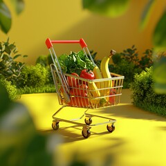Shopping cart filled with fresh produce sits amid lush green foliage and vibrant yellow backdrop