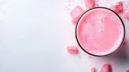 A refreshing pink drink is served in a glass brimming with ice cubes, offering a vibrant and enticing visual that evokes a sense of summertime enjoyment and relaxation.