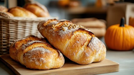 This inviting image features a beautifully baked artisan loaf sprinkled with seeds, capturing a warm and welcoming atmosphere perfect for any kitchen or dining space.
