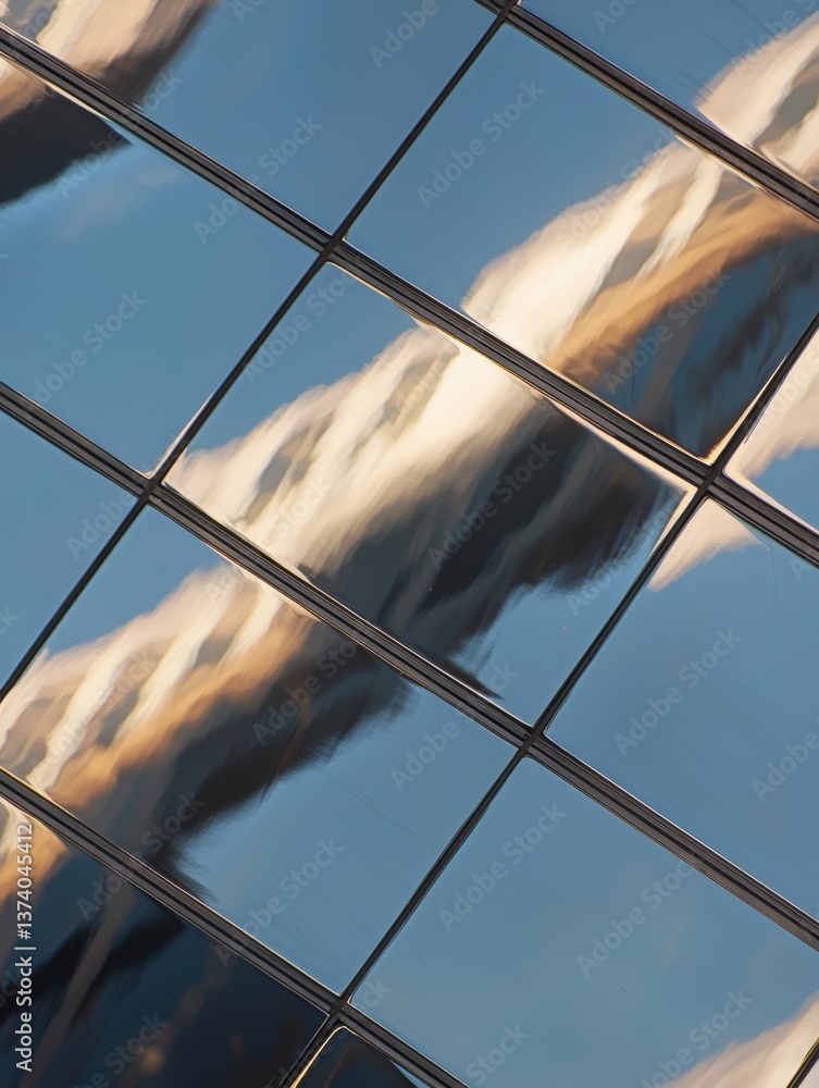 Poster close-up of a glass window with a grid-like pattern. the glass is reflecting the sky and clouds, cre