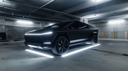 A matte black futuristic electric truck with illuminated lights is parked in a dimly lit underground garage. The truck. AI Generation