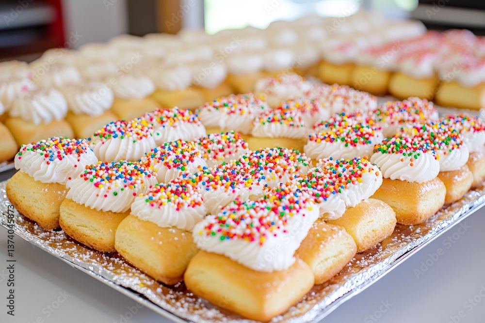 Poster tray of frosted round cookies with colorful sugar dots in rows under daylight top view photography f