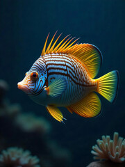 A colorful striped fish with yellow fins and spiky dorsal fin swimming in a dark blue ocean with coral reefs in the background